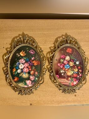 VTG Italian Framed Floral Prints Cottagecore Bubble Glass Ornate Metal Gorgeous!